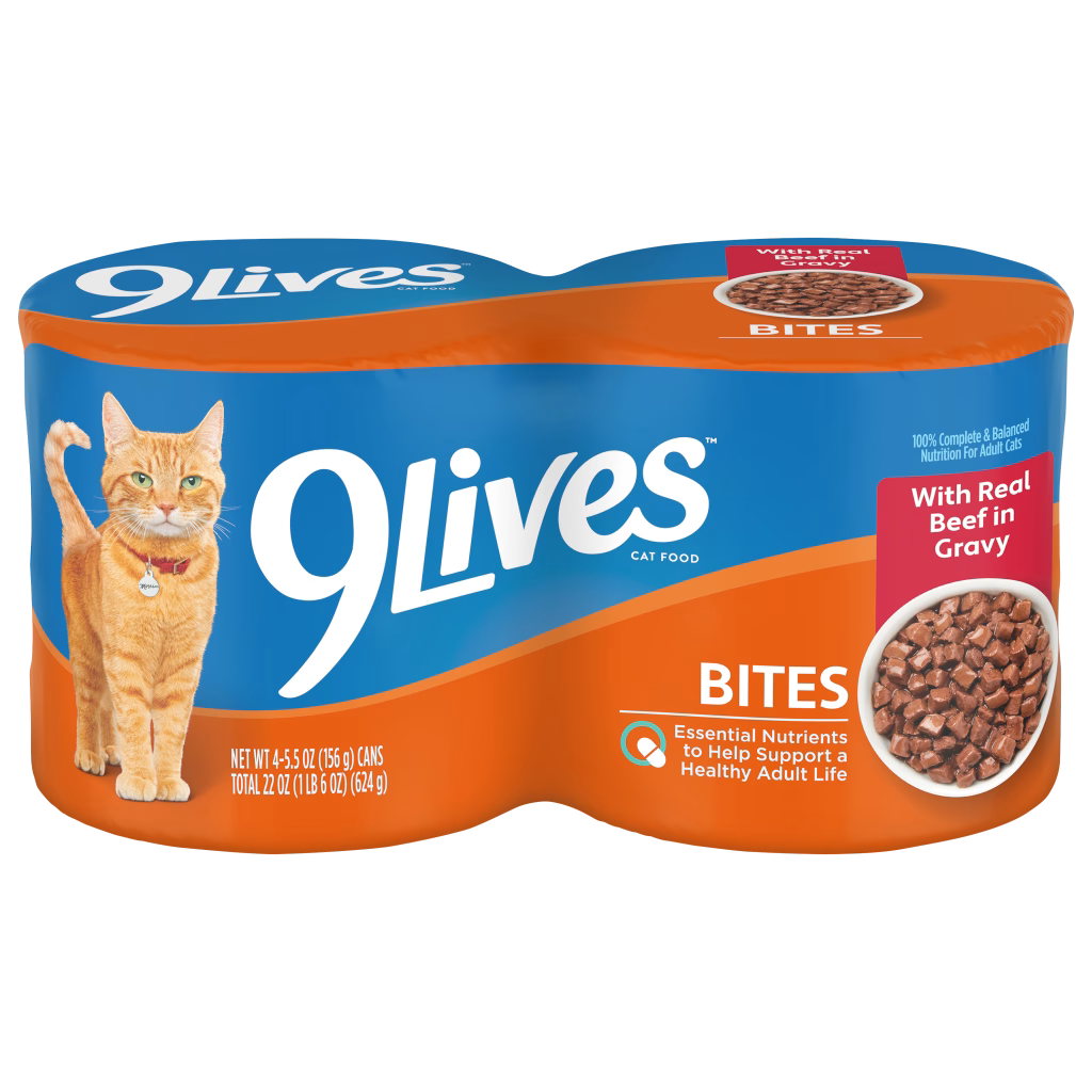 9Lives Bites con res en salsa, 156 g × 4 latas, empaque oficial