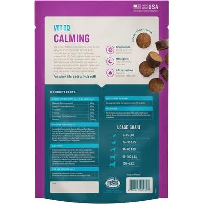 VetIQ, Calming Soft Chews, Manzanilla + L-Triptófano, sabor Ahumado de Nogal, 60 / 90 masticables.
