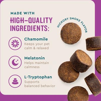 VetIQ, Calming Soft Chews, Manzanilla + L-Triptófano, sabor Ahumado de Nogal, 60 / 90 masticables.