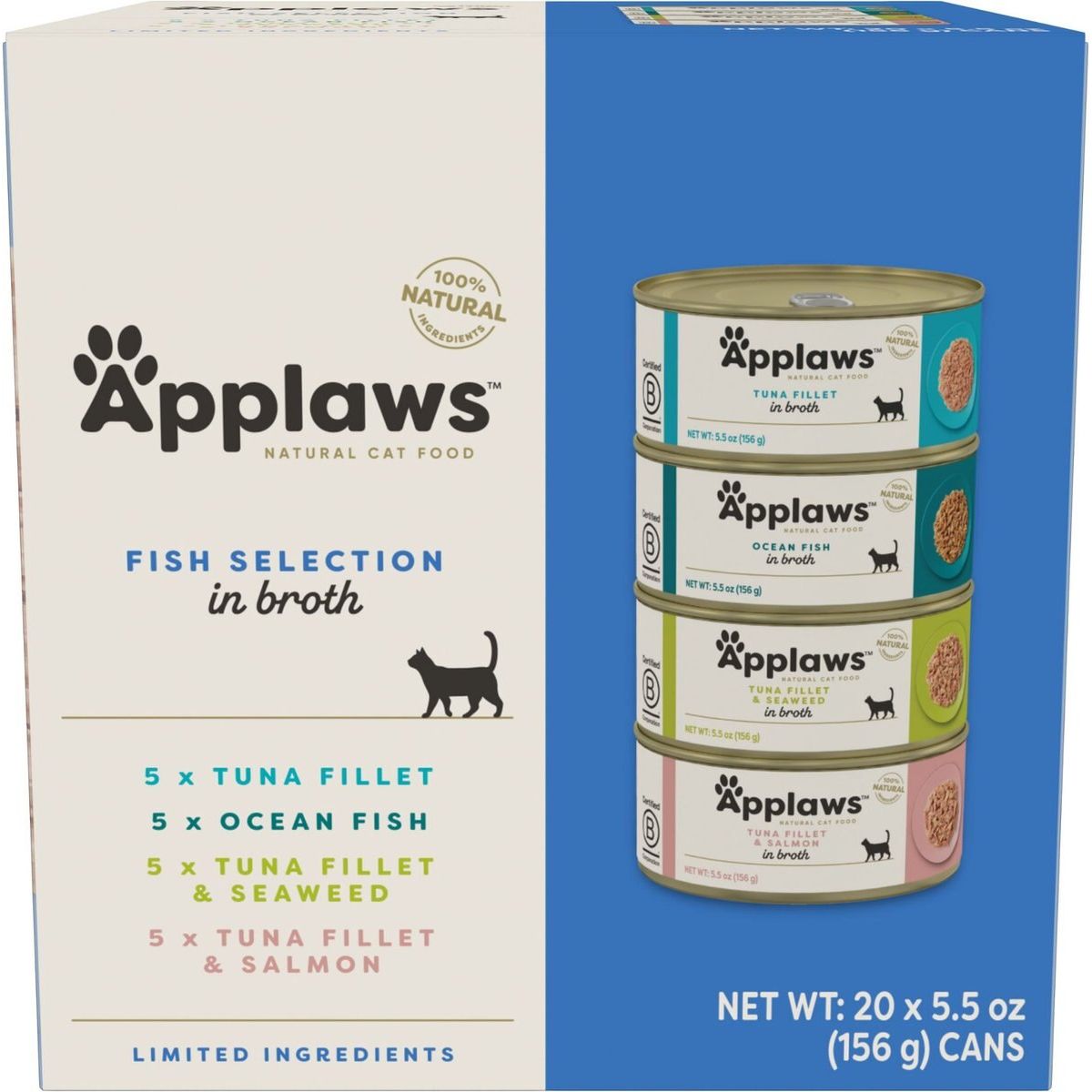 Alimento Húmedo, Ingredientes Limitados Pescado Selection en Broth. 156 g, caja de 20. - Applaws