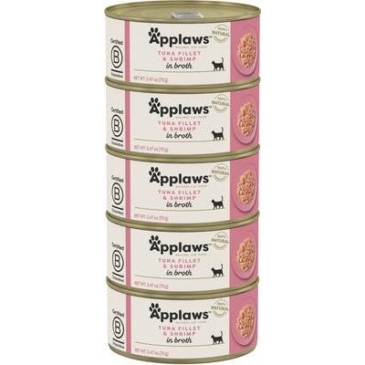 Alimento húmedo para gatos con filete de atún y camarones en caldo, ingredientes limitados, lata de 2.47 oz, caja de 5