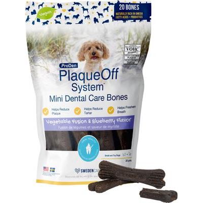 ProDen, PlaqueOff Mini Dental Care Bones, A.N ProDen + Probiotics + Omega-3 + Omega-6, varios sabores, 20 unidades.