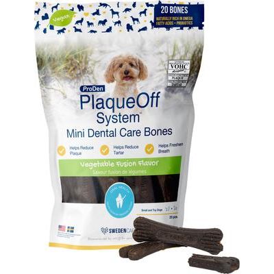 ProDen, PlaqueOff Mini Dental Care Bones, A.N ProDen + Probiotics + Omega-3 + Omega-6, varios sabores, 20 unidades.