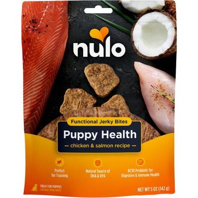 Nulo, Functional Jerky Bites Puppy Health, Pollo + Salmón con DHA + EPA + Probiótico BC30, Cachorros, 142 g