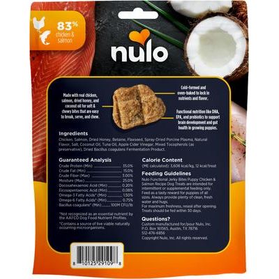 Nulo, Functional Jerky Bites Puppy Health, Pollo + Salmón con DHA + EPA + Probiótico BC30, Cachorros, 142 g