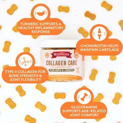 The Missing Link, Collagen Care Hips & Joints Soft Chews, colágeno tipo II + glucosamina + condroitina + cúrcuma, 60 masticables.