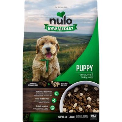 Nulo, Raw Medley Puppy Salmon, Oats & Turkey, Salmón + Avena + Pavo con Piezas Liofilizadas y DHA, Cachorros, 4.54 kg