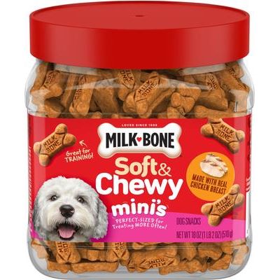 Minis suaves y masticables hechos con pollo real. Premios suaves y masticables para perros, bote de 18 oz.