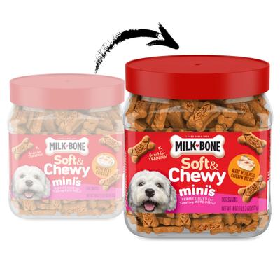 Minis suaves y masticables hechos con pollo real. Premios suaves y masticables para perros, bote de 18 oz.