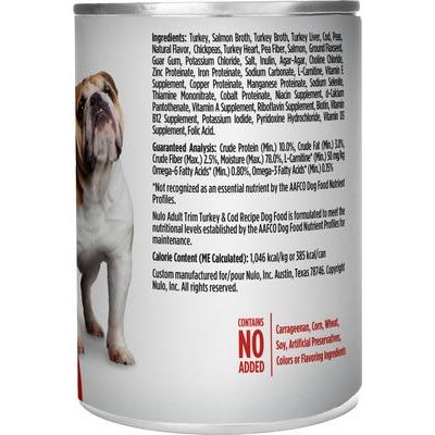 Nulo, FreeStyle Paté Adult Trim Turkey & Cod, Pavo + Bacalao con L-Carnitina para Control de Peso, Sin Granos, Perros Adultos, 369 g × 12 latas