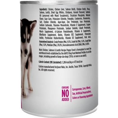Nulo, FreeStyle Paté Puppy Chicken, Salmon & Lentils, Pollo + Salmón + Lentejas con DHA, Sin Granos, Cachorros, 369 g × 12 latas