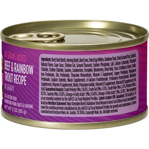 Nulo, FreeStyle Shredded Beef & Rainbow Trout, Res + Trucha Arcoíris Desmenuzadas en Salsa, Sin Granos, Gatos y Gatitos, 85 g × 24 latas