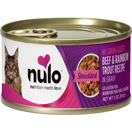 Nulo, FreeStyle Shredded Beef & Rainbow Trout, Res + Trucha Arcoíris Desmenuzadas en Salsa, Sin Granos, Gatos y Gatitos, 85 g × 24 latas