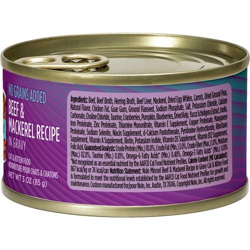Nulo, FreeStyle Minced Beef & Mackerel, Res + Caballa Picadas en Salsa, Sin Granos, Gatos y Gatitos, 85 g × 24 latas