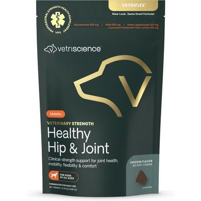 Suplemento masticable Veterinary Strength para la salud de las caderas y articulaciones con sabor a pollo para perros pequeños y medianos, 60 unidades