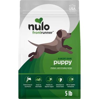 Nulo, Frontrunner Puppy Ancient Grains Chicken, Oats & Turkey, Pollo + Avena + Pavo con DHA y Probióticos, Cachorros, 2.27 / 4.99 / 11.34 kg