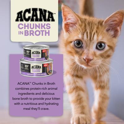 ACANA, Chunks in Broth Kitten, pollo + salmón en caldo, alimento húmedo para gatitos, 85 g × 12 / 155 g × 6 latas
