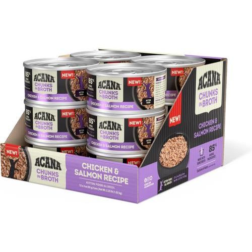 ACANA, Chunks in Broth Kitten, pollo + salmón en caldo, alimento húmedo para gatitos, 85 g × 12 / 155 g × 6 latas