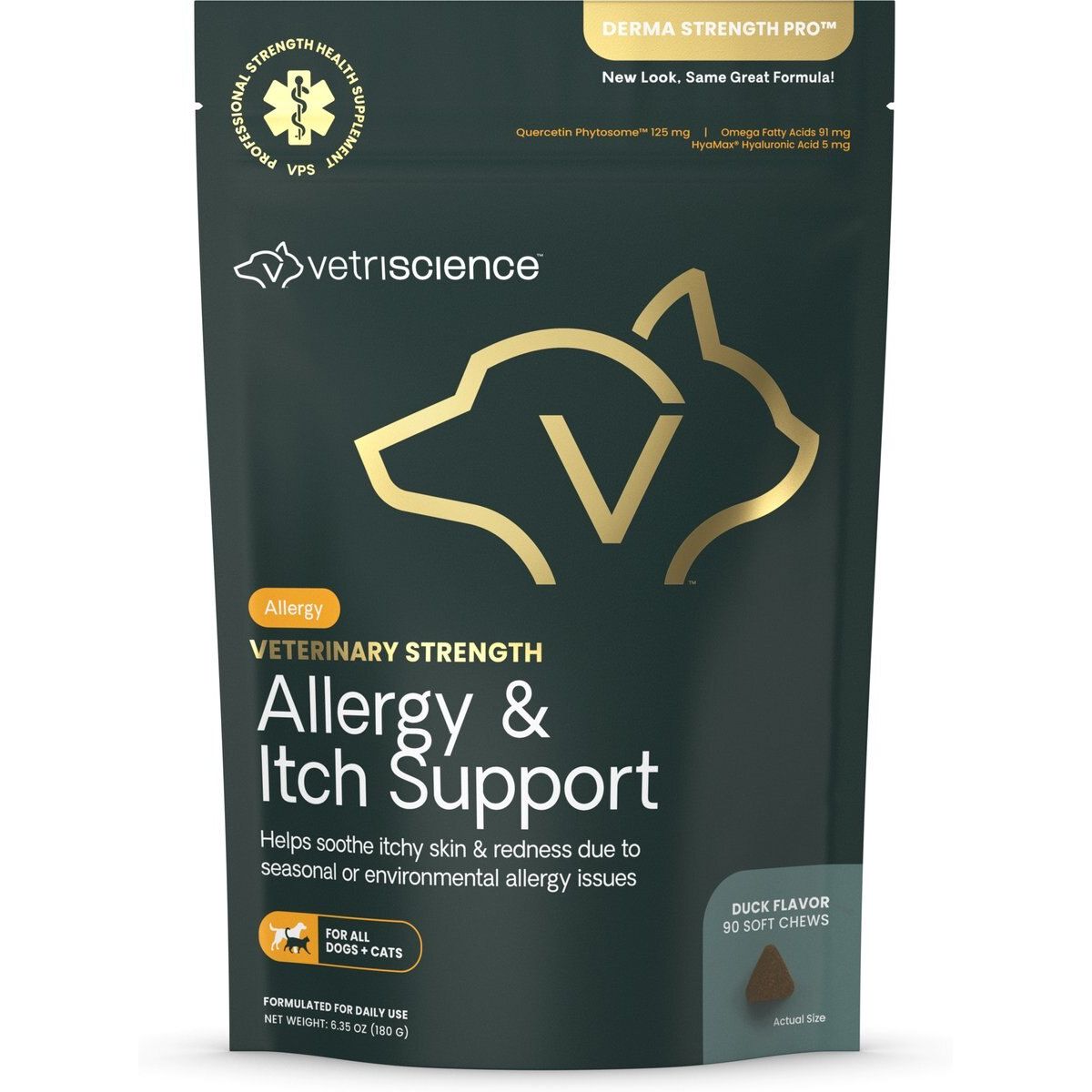 Veterinary Strength Allergy & Itch Support Derma Strength Pro Soft, sabor Pato. 90 unidades.