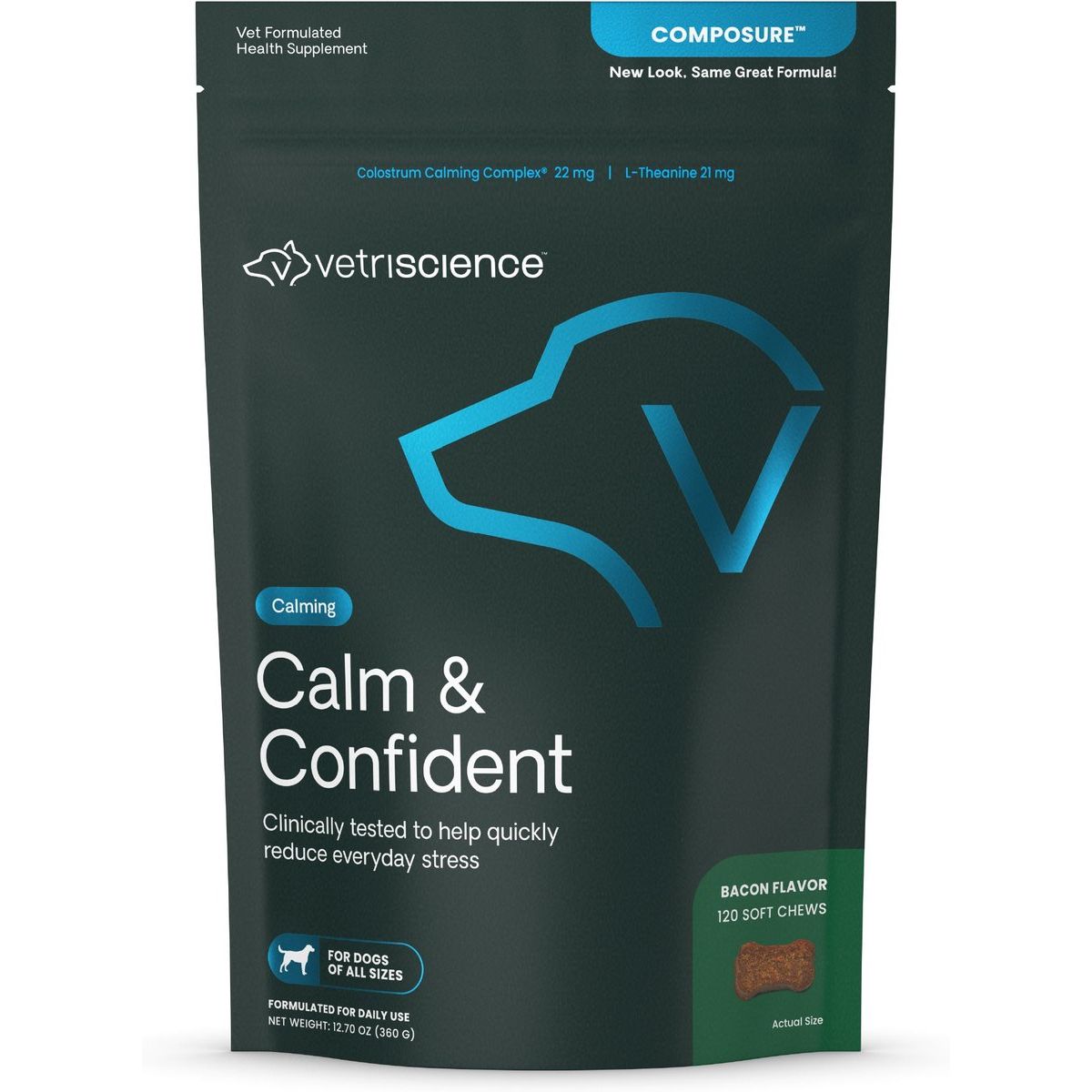 Composure Calm & Confident Thunderstorms Support Chews Calming &, sabor Tocino. 120 chews.