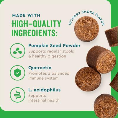 VetIQ, Anal Gland Soft Chews, Pumpkin Seed Powder + Quercetin + Tynagen + L. acidophilus, sabor Ahumado de Nogal, 60 masticables.