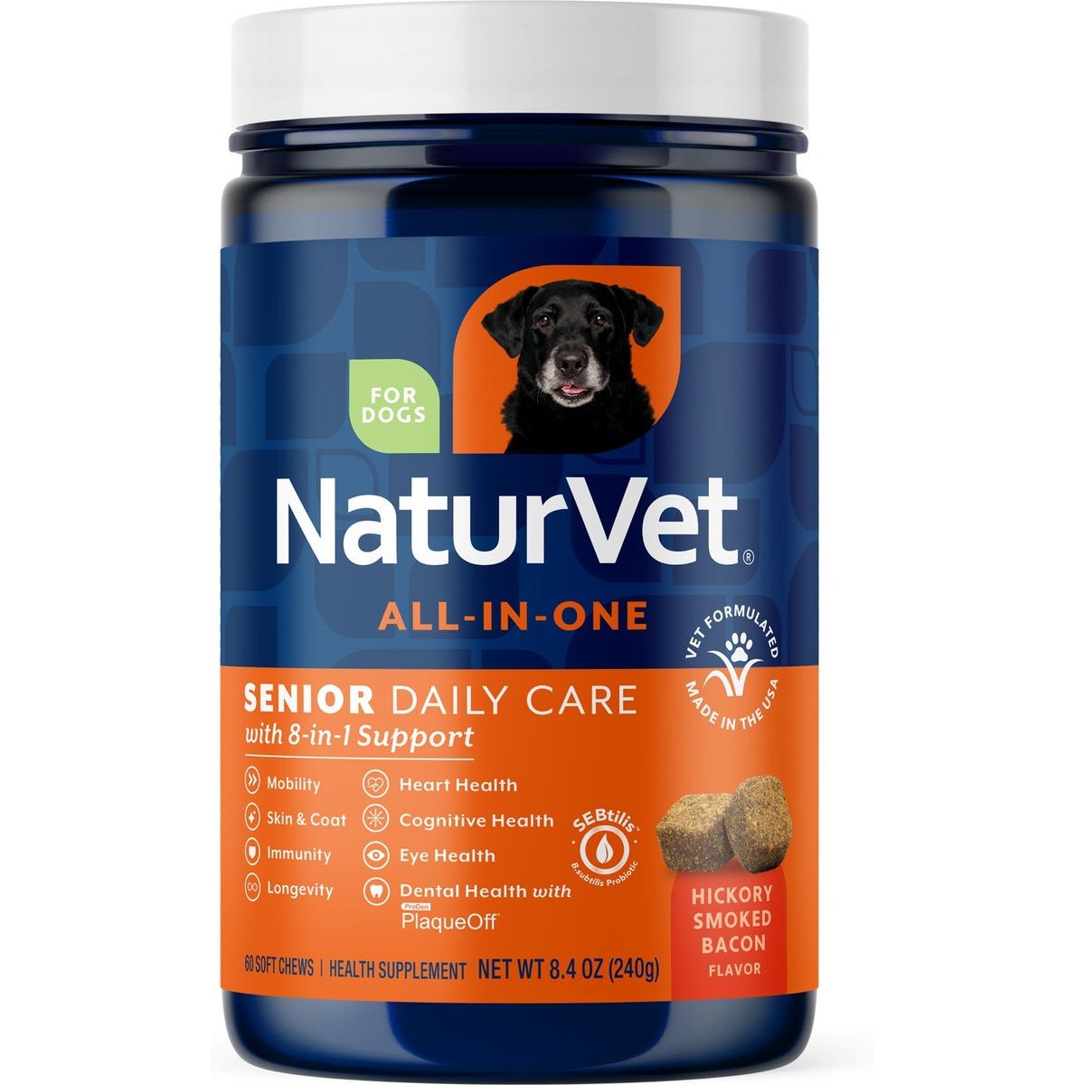 Senior Daily Care All-In-One Supplement, sabor Tocino Ahumado Hickory. 60 unidades.