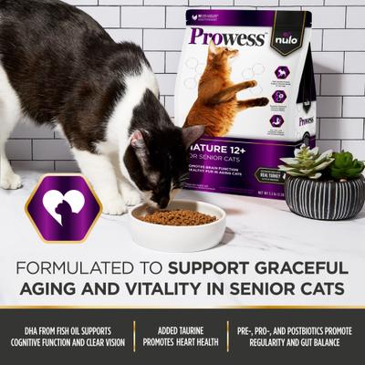 Nulo, Prowess Mature 12+ Recipe with Turkey, Pavo + DHA + Taurina + Prebióticos + Probióticos + Postbióticos para Envejecimiento Saludable, Gatos Senior 12+, 1.59 / 2.72 kg