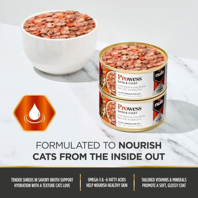 Nulo, Prowess Skin & Coat Chicken & Salmon Shreds, Pollo + Salmón para Piel y Pelaje, Gatos Adultos, 79 g × 4 / 12 latas
