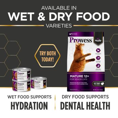 Nulo, Prowess Mature 12+, alimento húmedo funcional para gatos senior 12+, varios sabores, 79 g × 4 / 12 latas