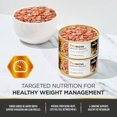 Nulo, Prowess Healthy Weight Chicken & Whitefish Shreds, Pollo + Pescado Blanco para Control de Peso, Gatos Adultos, 79 g × 4 / 12 latas