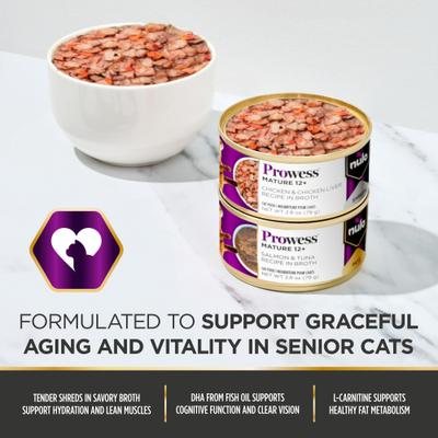 Nulo, Prowess Mature 12+, alimento húmedo funcional para gatos senior 12+, varios sabores, 79 g × 4 / 12 latas