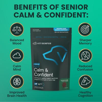 Golden Years Senior Calm & Confident - Masticables con sabor a pollo y calostro, suplemento calmante y para la salud cerebral de perros mayores, 60 unidades
