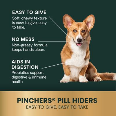 Pinchers Pill Hiders - Pastillas masticables con sabor a mantequilla de maní y probióticos, sin grasa, para perros, 45 unidades