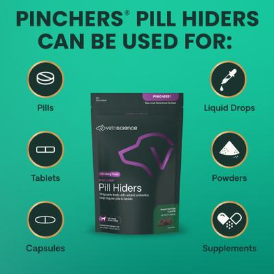 Pinchers Pill Hiders - Pastillas masticables con sabor a mantequilla de maní y probióticos, sin grasa, para perros, 45 unidades