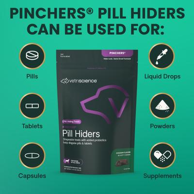 Pinchers Pill Hiders - Masticables con sabor a pollo y probióticos, envoltorio de pastillas no grasoso para perros, 45 unidades
