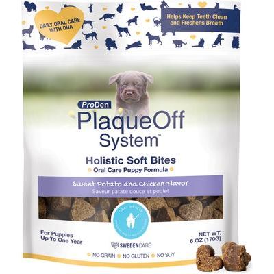 ProDen, PlaqueOff Holistic Soft Bites for Puppies Oral Care Puppy Formula, A.N ProDen + DHA + Calcium, sabor Camote y Pollo, 170 g.