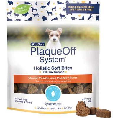 ProDen, PlaqueOff Holistic Soft Bites Oral Care Support, A.N ProDen, sabor Camote y Crema de Cacahuate, 170 g.