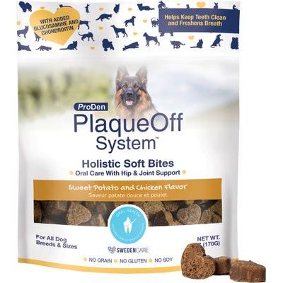 ProDen, PlaqueOff Holistic Soft Bites Oral Care with Hip & Joint, A.N ProDen + Glucosamine + Chondroitin, sabor Camote y Pollo, 170 g.