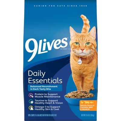 9Lives, Daily Essentials Adult, pollo + res + salmón, 1.43 / 5.44 / 9.07 / 12.70 kg.