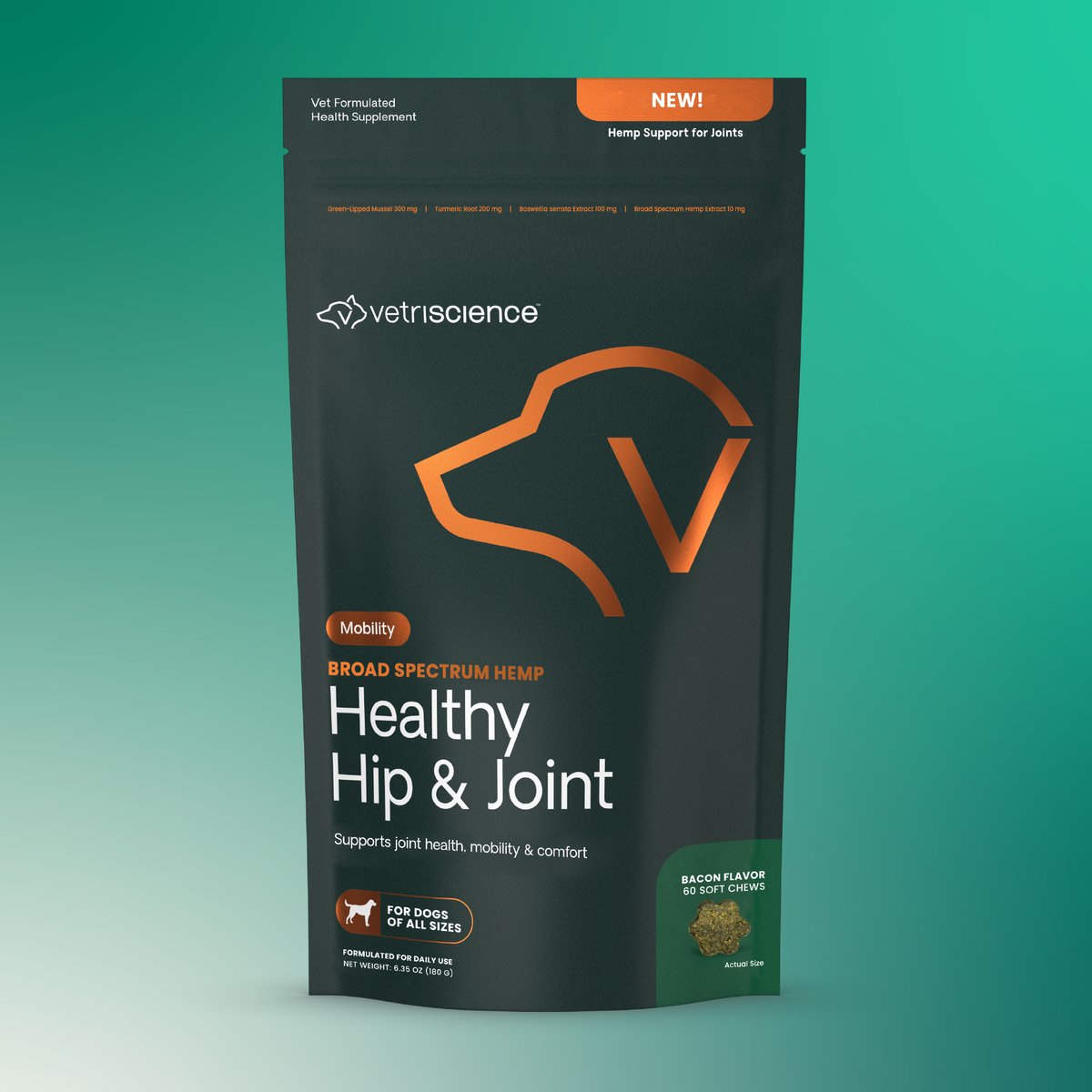 Broad Spectrum Hemp Hip & Joint Chews Joint Supplement for, sabor Tocino. 60 chews.