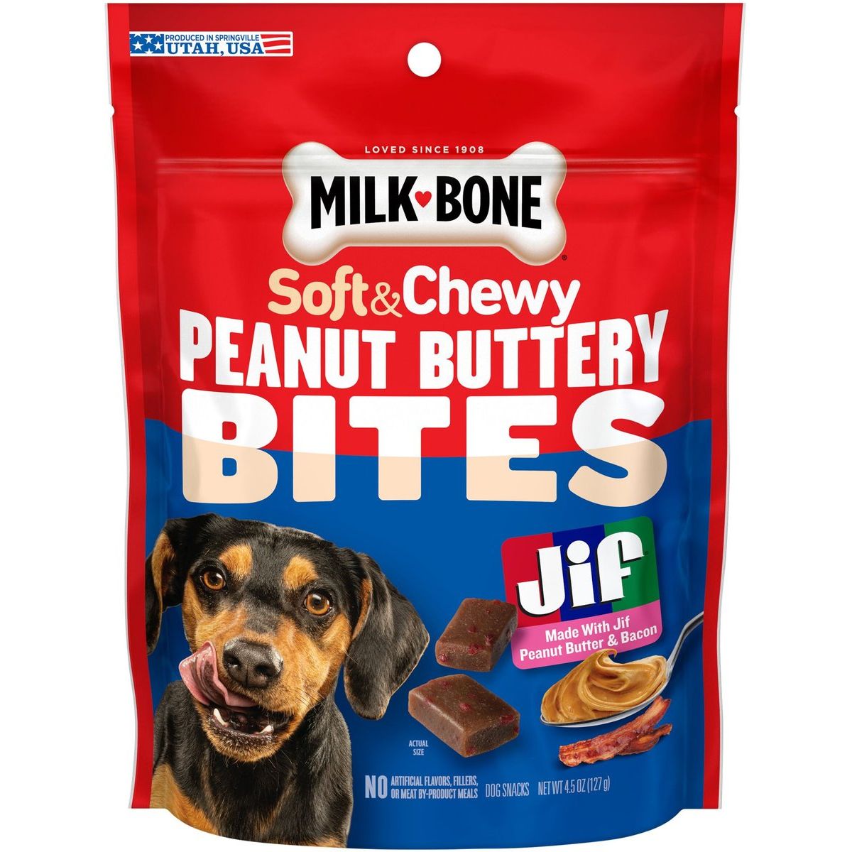 Peanut Buttery Bites sabor Crema de Cacahuate y Tocino. 128 g. - Milk-Bone
