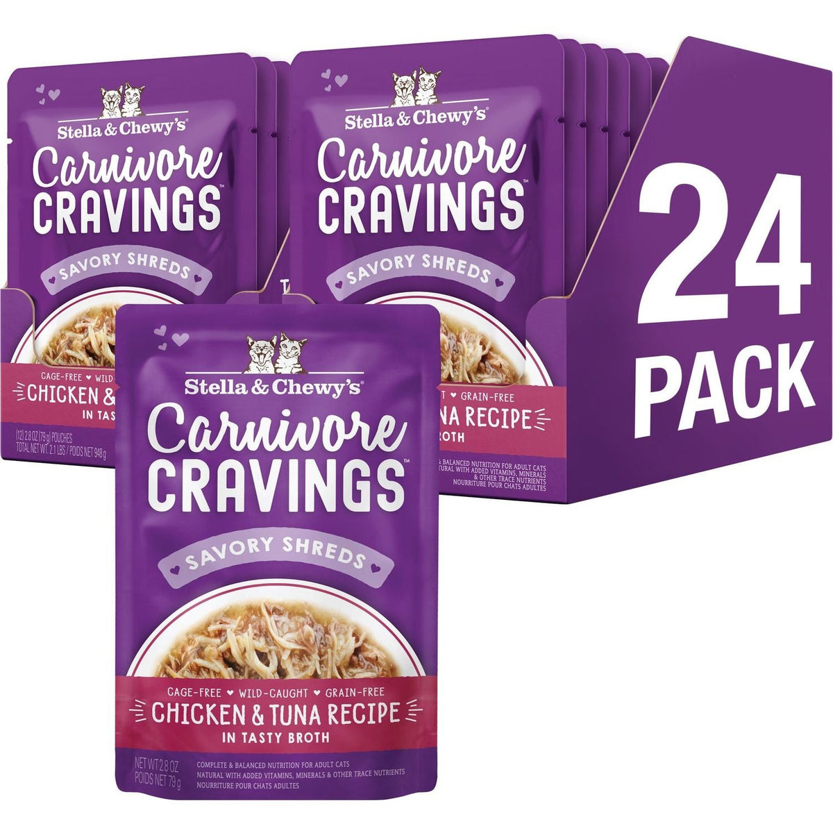 Carnivore Cravings Chicken Tuna Flavored Shredded Wet Cat Food. 24 pack.