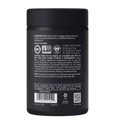 Vitamina D3 (5000 IU) + Vitamina  K2 (125 mcg) Veganas. 160 Vsoftgel