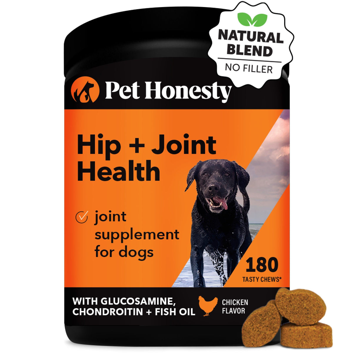 Pet Honesty Hip + Joint Health para perros, sabor Pollo, bote individual de 180 masticables; SKU PH-845454