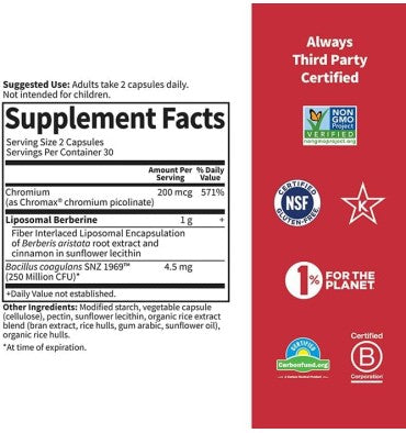 Berberina Liposomal y Picolinato de Cromo. 60 vcaps