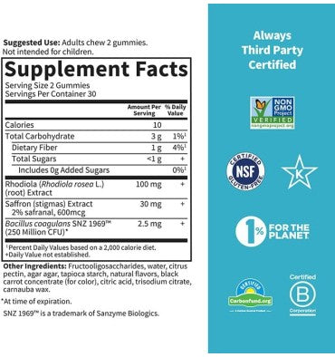 Gomitas para el Estrés con Rhodiola y Saffron sabor Berries. 60 gomitas