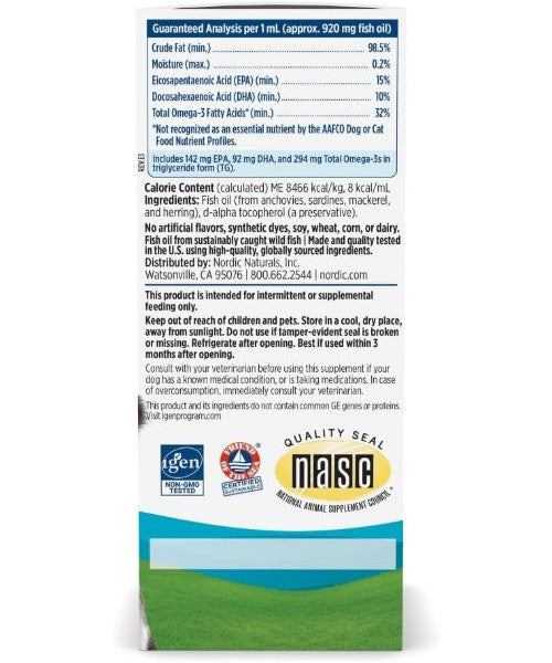 Nordic Naturals, Aceite de Pescado Omega 3 para Perros y Gatos Pequeños. 60 ml.