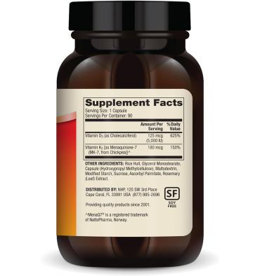 Vitamina D3 (5,000 IU) y K2 (180 mcg). 90 caps.