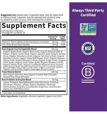 Zinc Raw Vegano con Vitamina C. 60 Vcaps