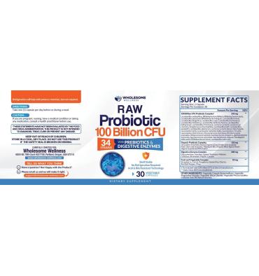 Probióticos RAW Orgánicos para Adulto 100 billion, 30 caps